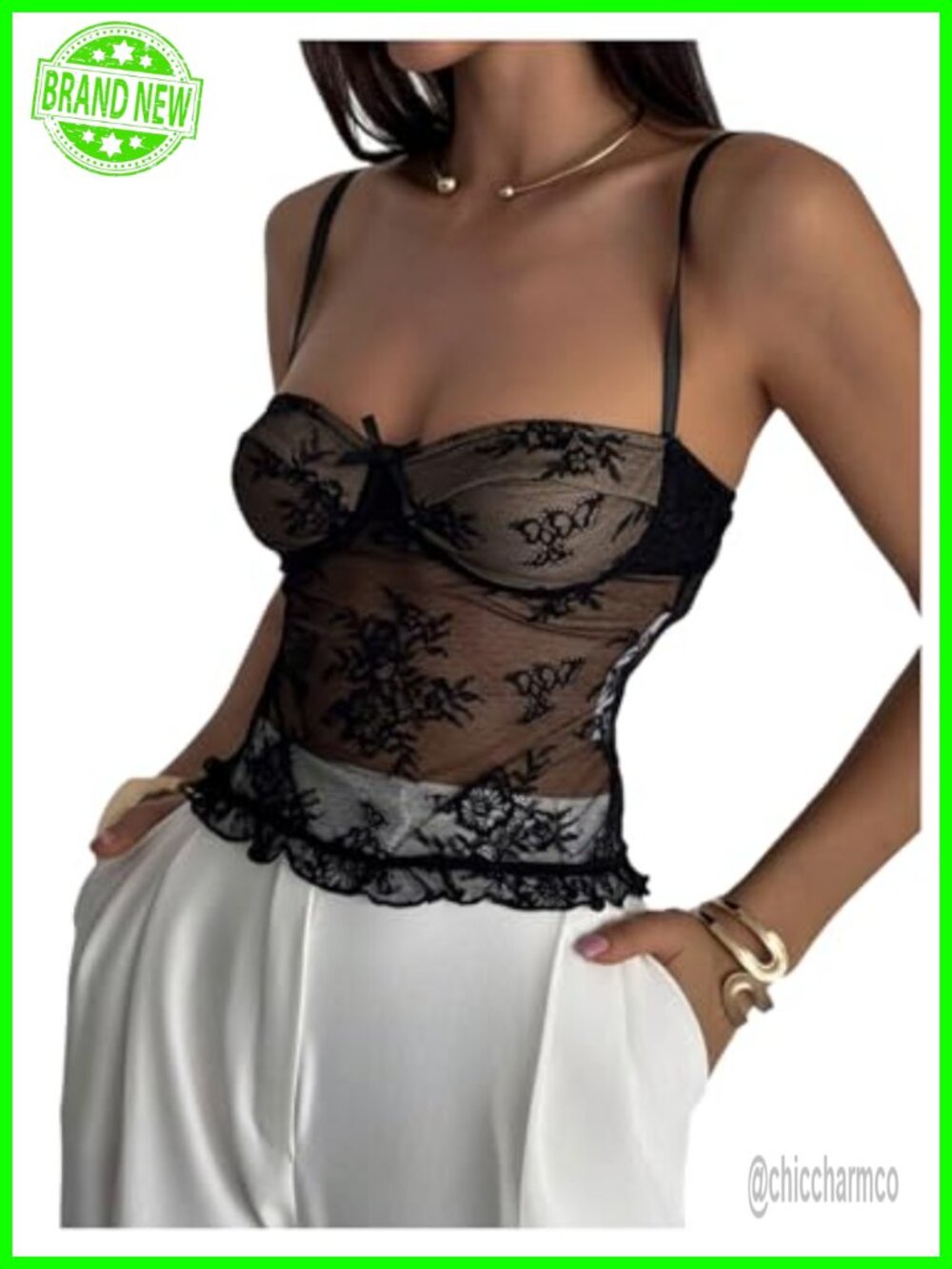 Women's Lace Mesh Sheer Bustier Cami Top Spaghetti Strap Ruffle Hem